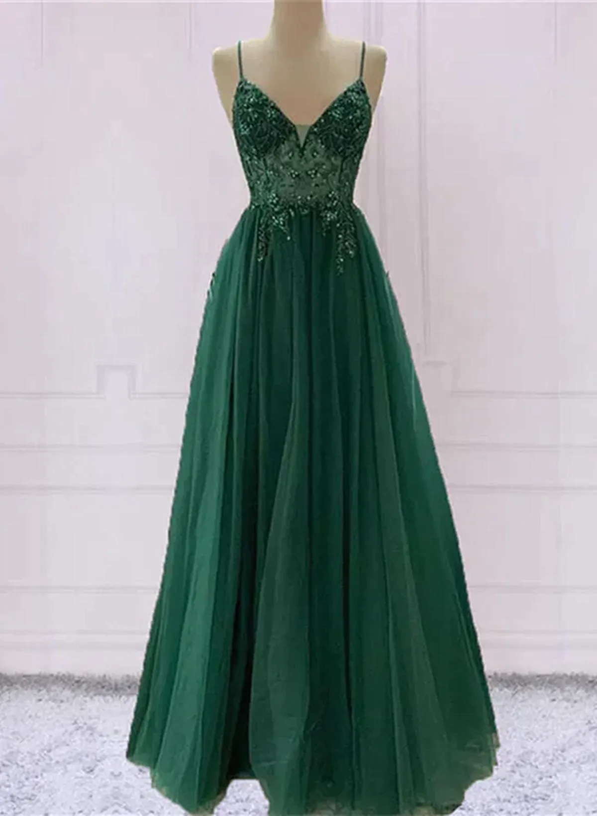 Green V-neckline Beaded Tulle Floor Length Party Dress, A-line Green Prom Dress