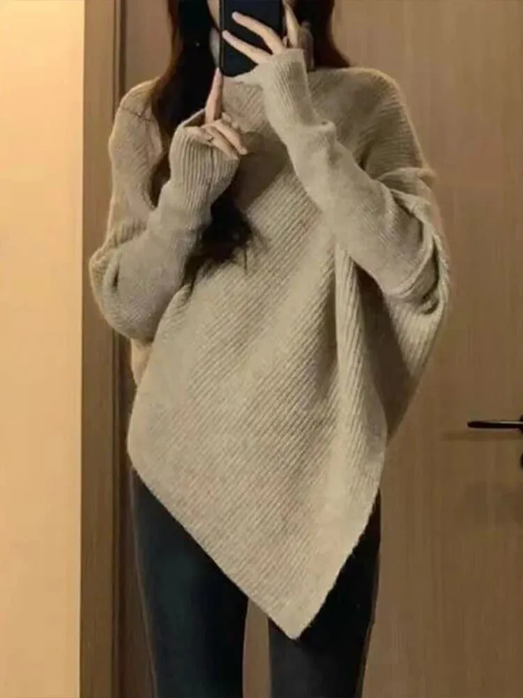 Irregular Turtleneck Sweater in Solid Color - Long Sleeves and Loose Fit