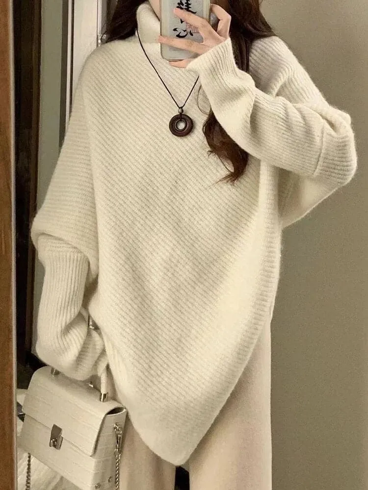 Irregular Turtleneck Sweater in Solid Color - Long Sleeves and Loose Fit