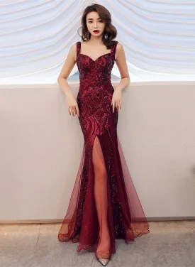 Lovely Sequins Mermaid Tulle and Sequins Party Dress, Wine Red Prom Dress