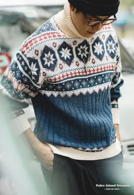 Maden Men Turtlenecks Snowflake Sweater Winter Thick Patchwork Harajuku Printed Faire Island Knit Pullovers Japan Retro Oversize