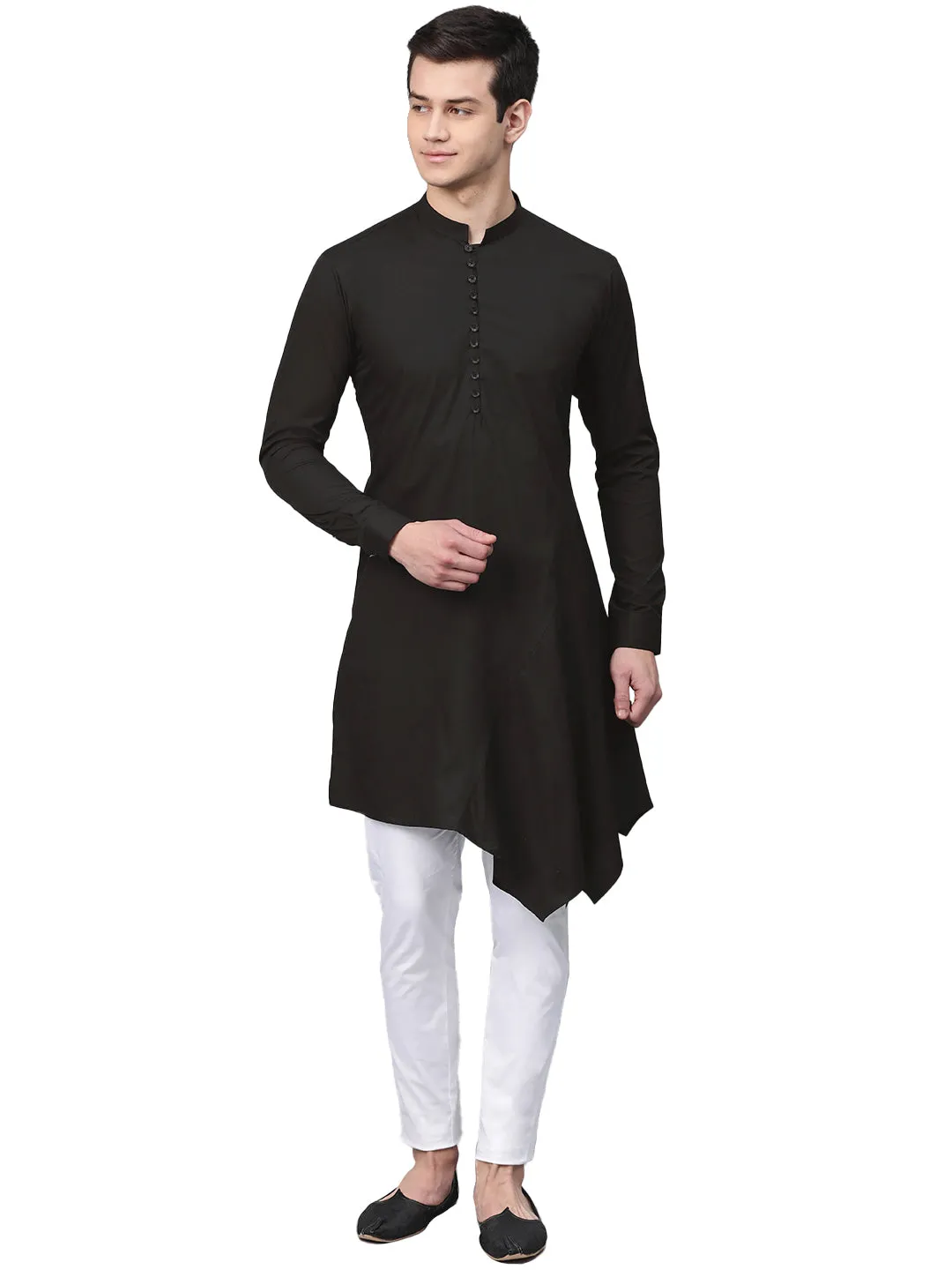 Men Black Solid Asymmetrical Kurta With Pyjama