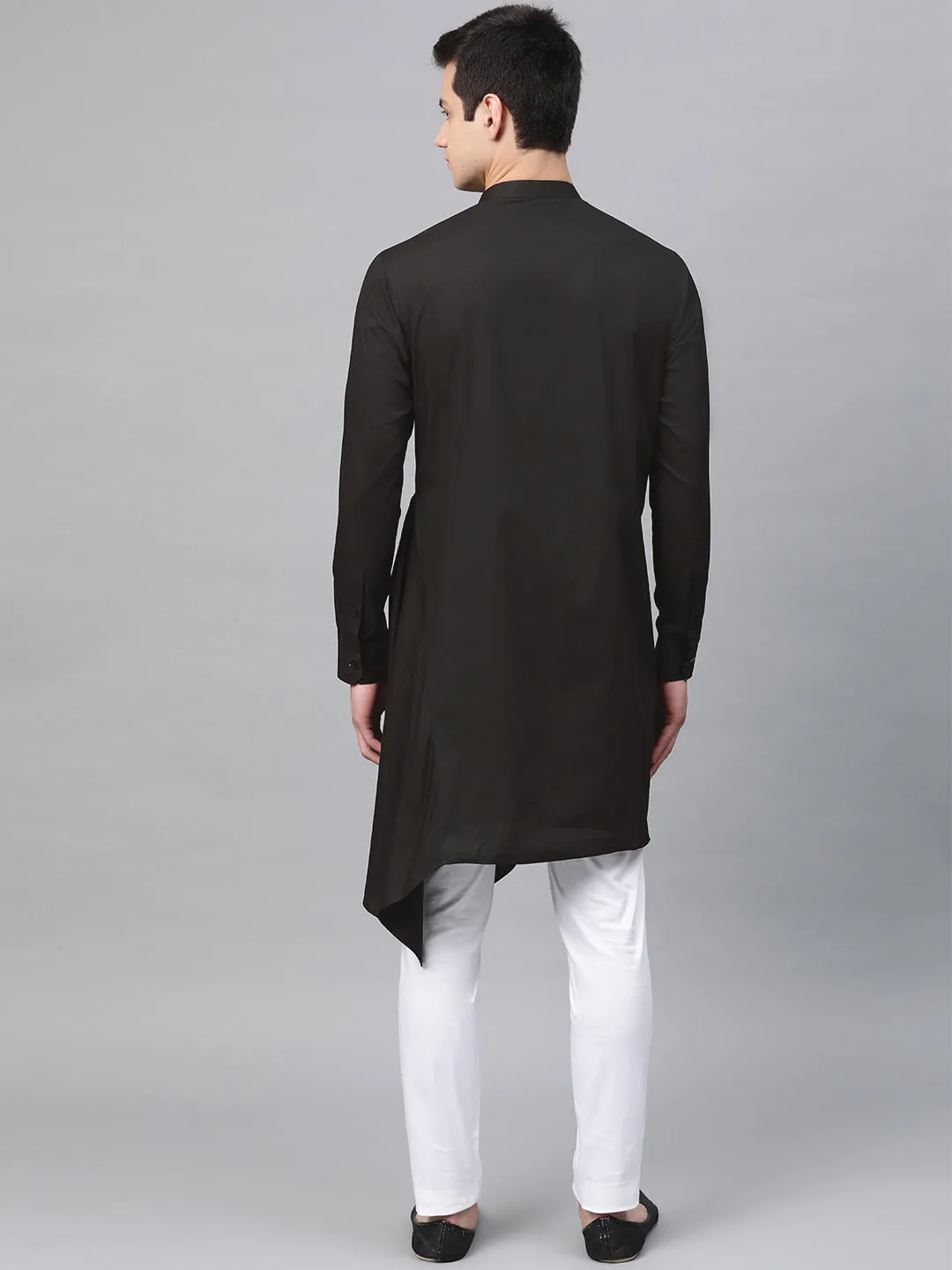 Men Black Solid Asymmetrical Kurta With Pyjama