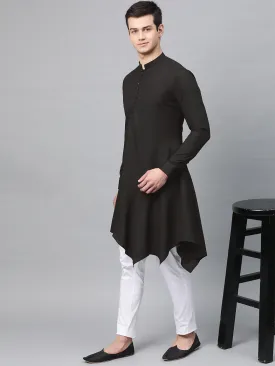 Men Black Solid Asymmetrical Kurta With Pyjama