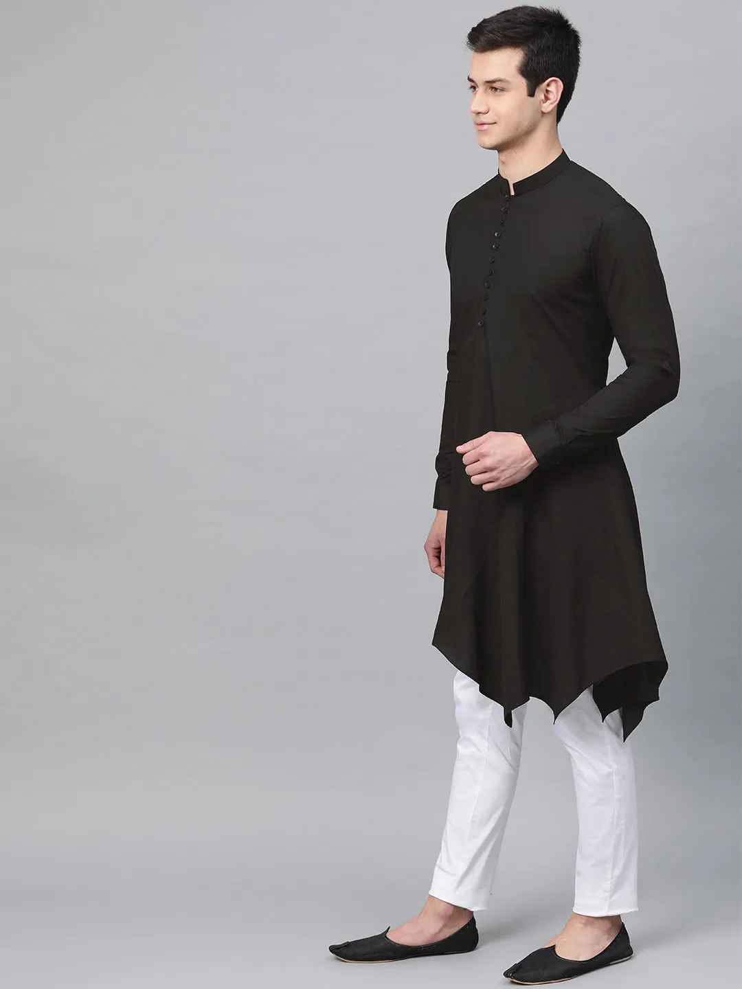 Men Black Solid Asymmetrical Kurta With Pyjama