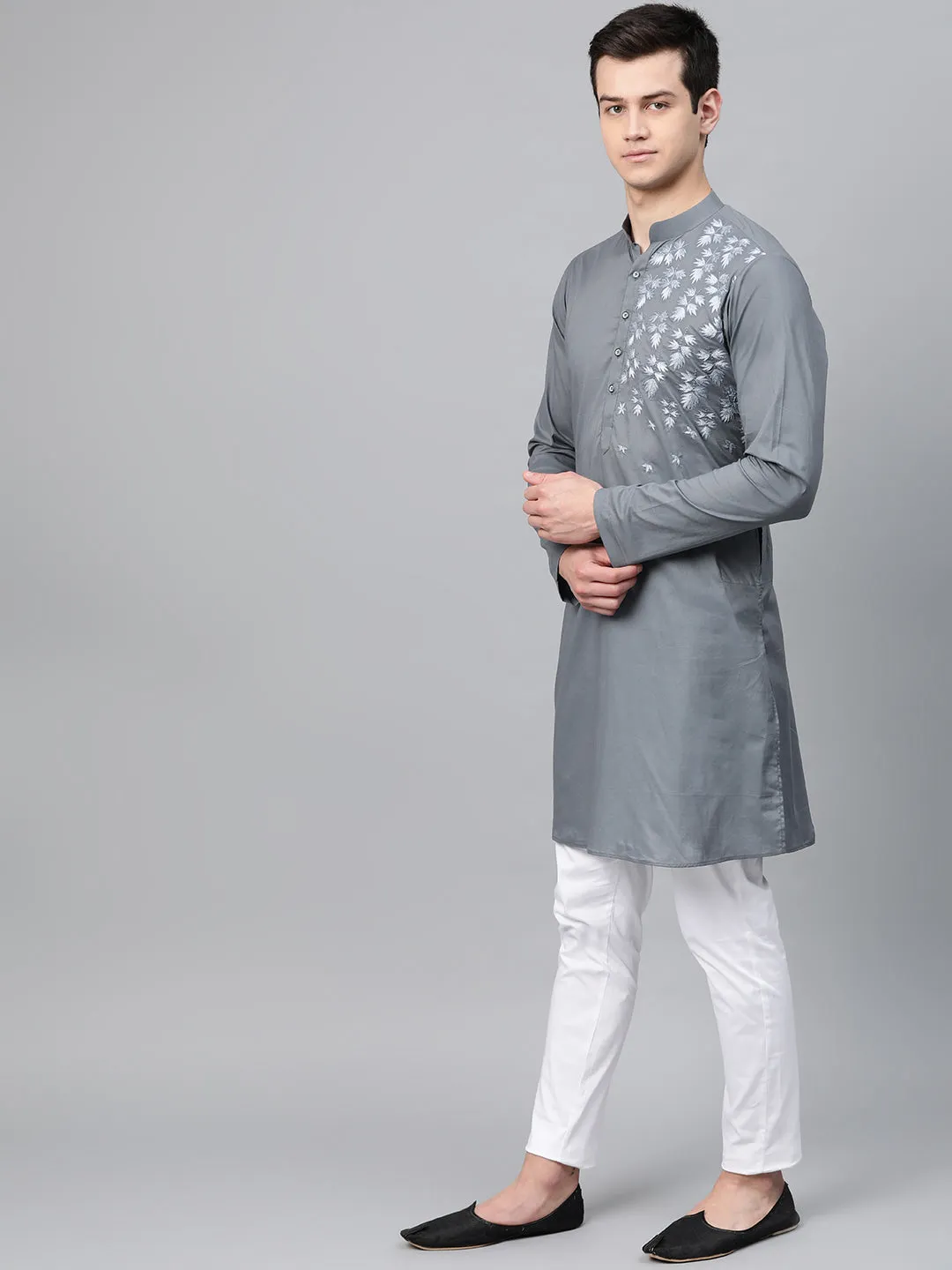 Men Grey Embroidered Straight Kurta With Pyjama