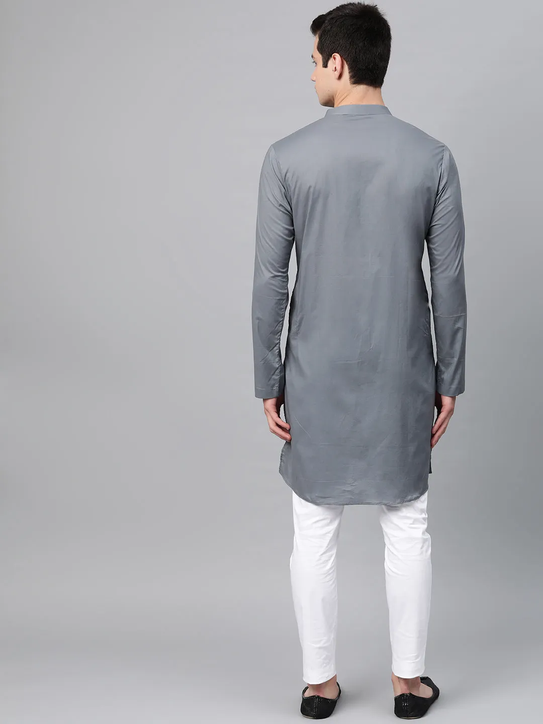 Men Grey Embroidered Straight Kurta With Pyjama