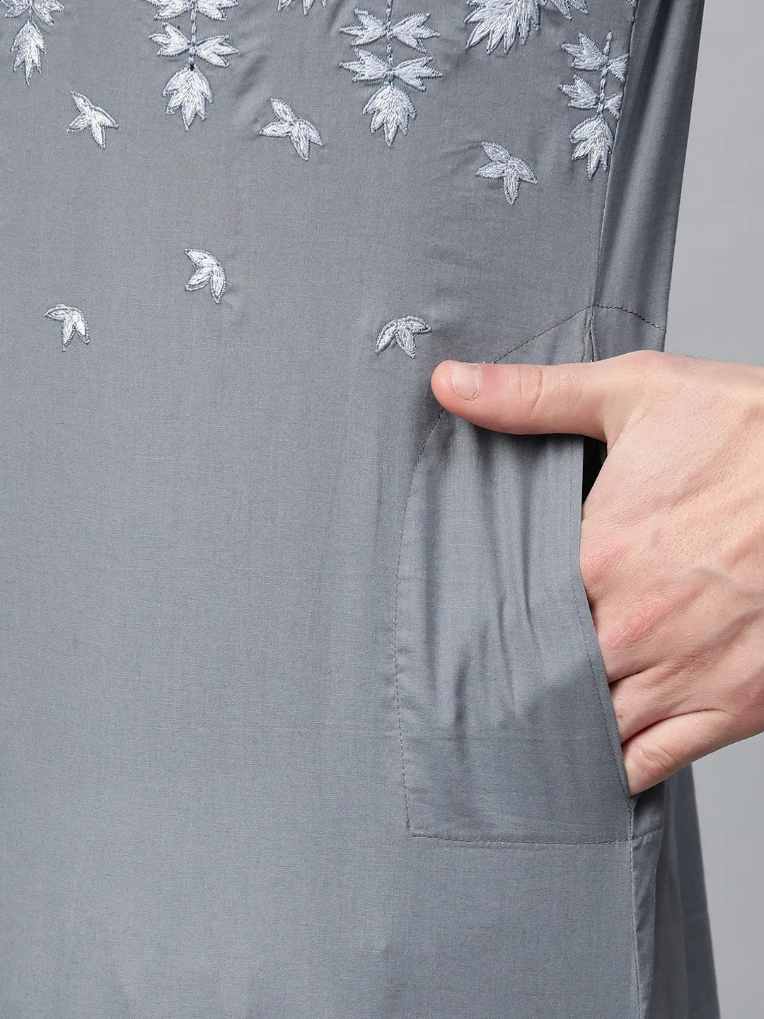 Men Grey Embroidered Straight Kurta With Pyjama