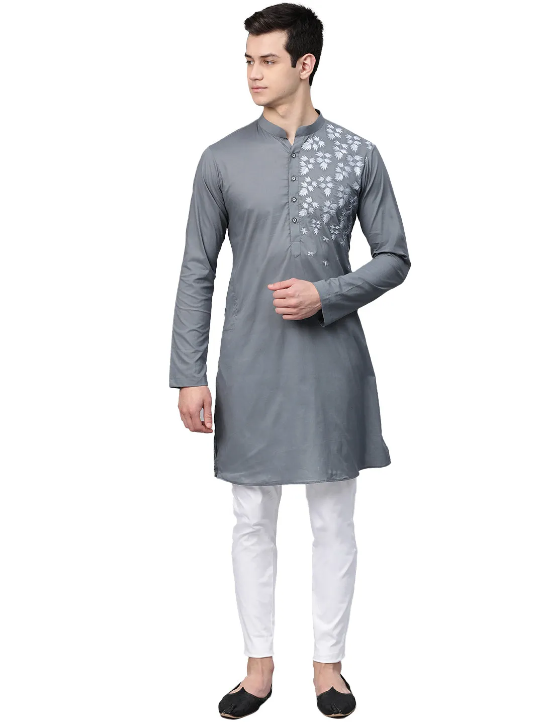 Men Grey Embroidered Straight Kurta With Pyjama