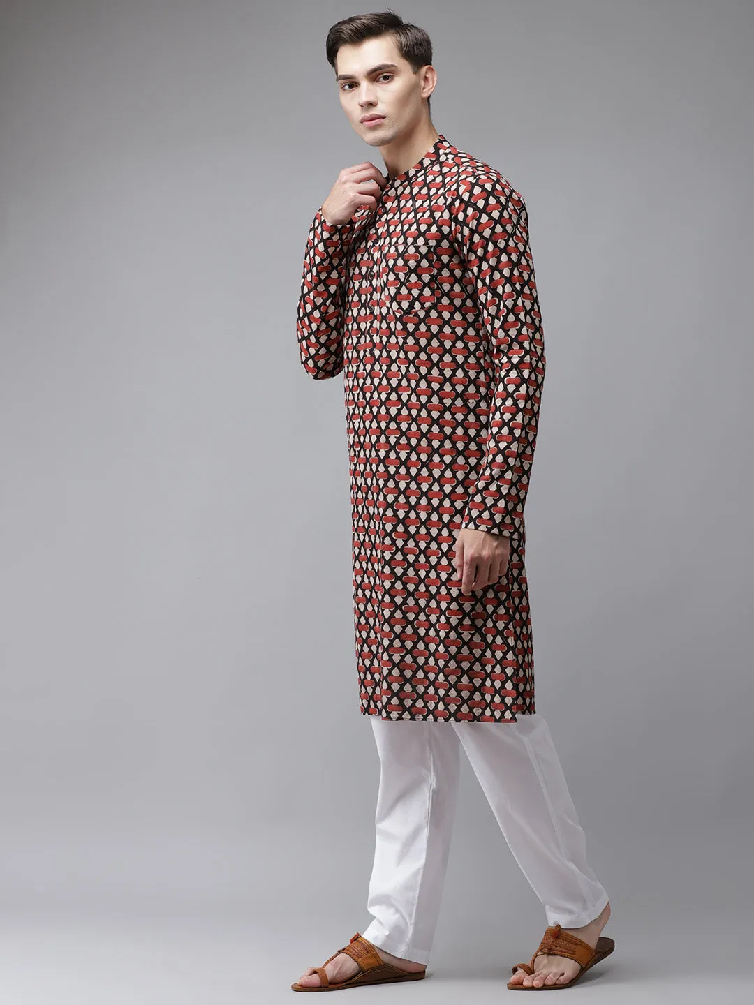 Men Maroon And Black Hand Block Print Sustainable Straight Kurta