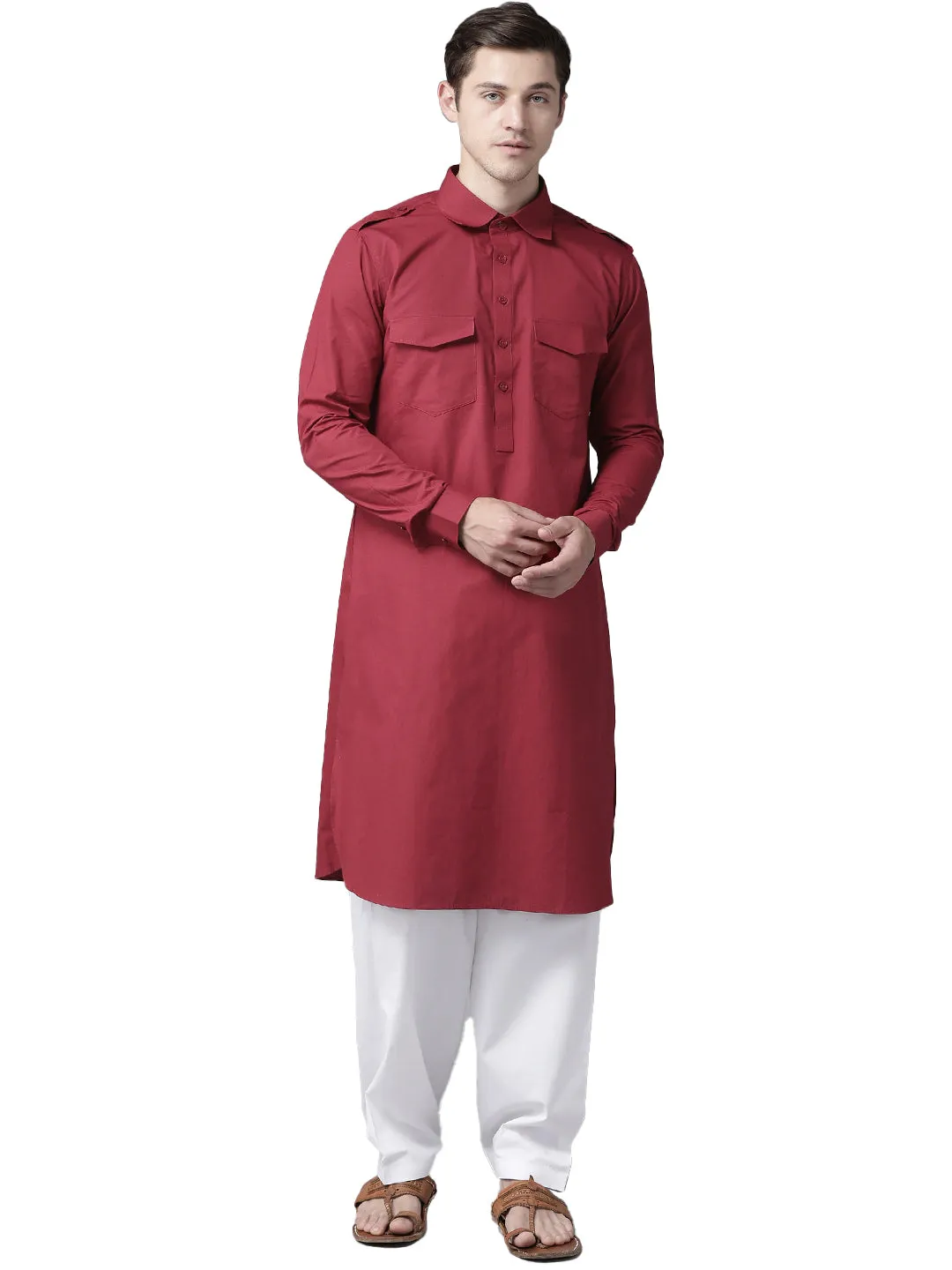 Men Maroon Pathani Kurta With Salwar