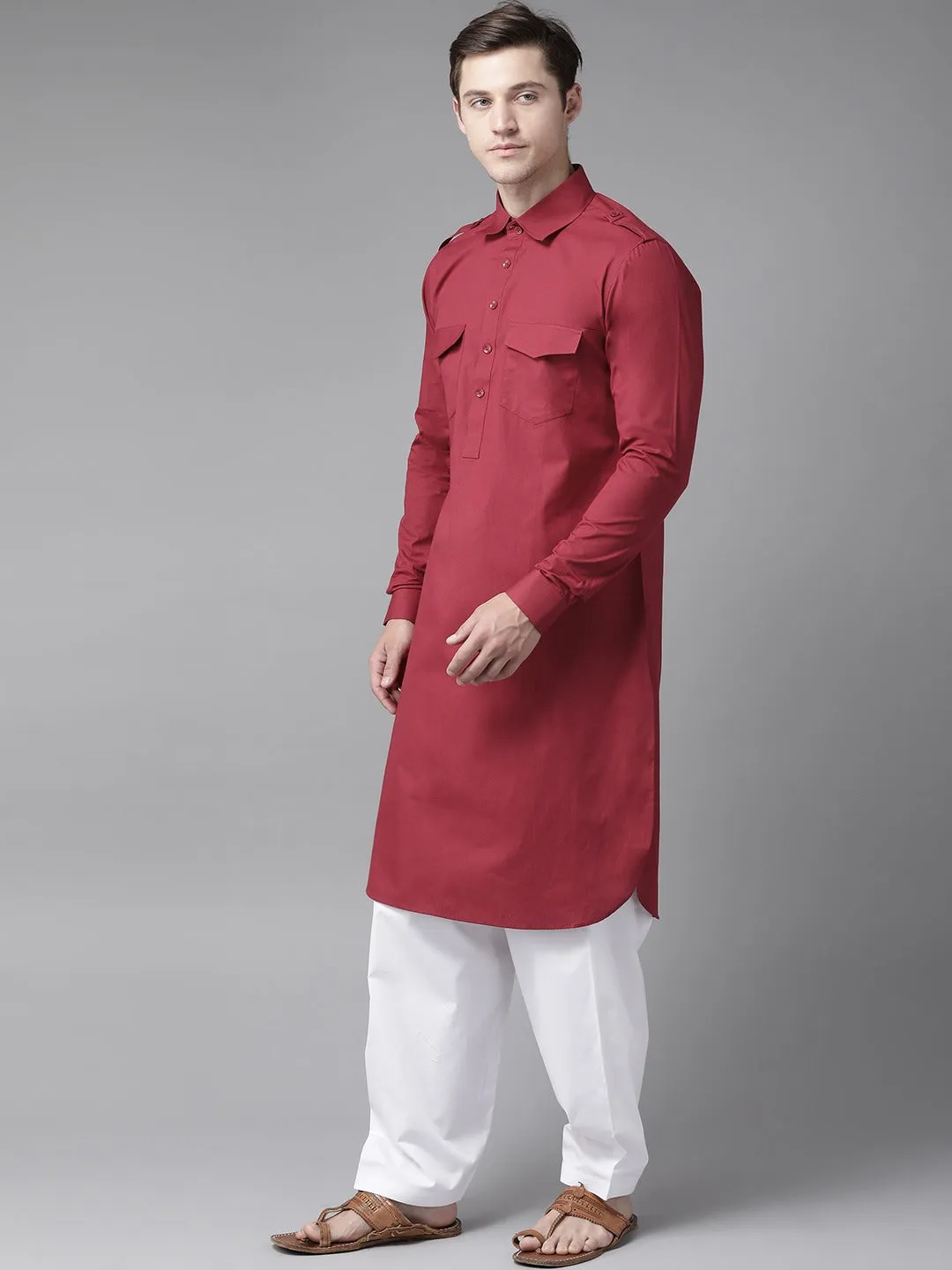 Men Maroon Pathani Kurta With Salwar