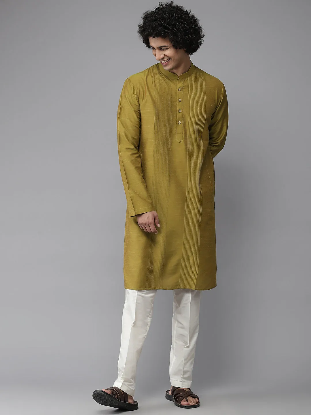 Men Mustard Cotton Slik Straight Kurta