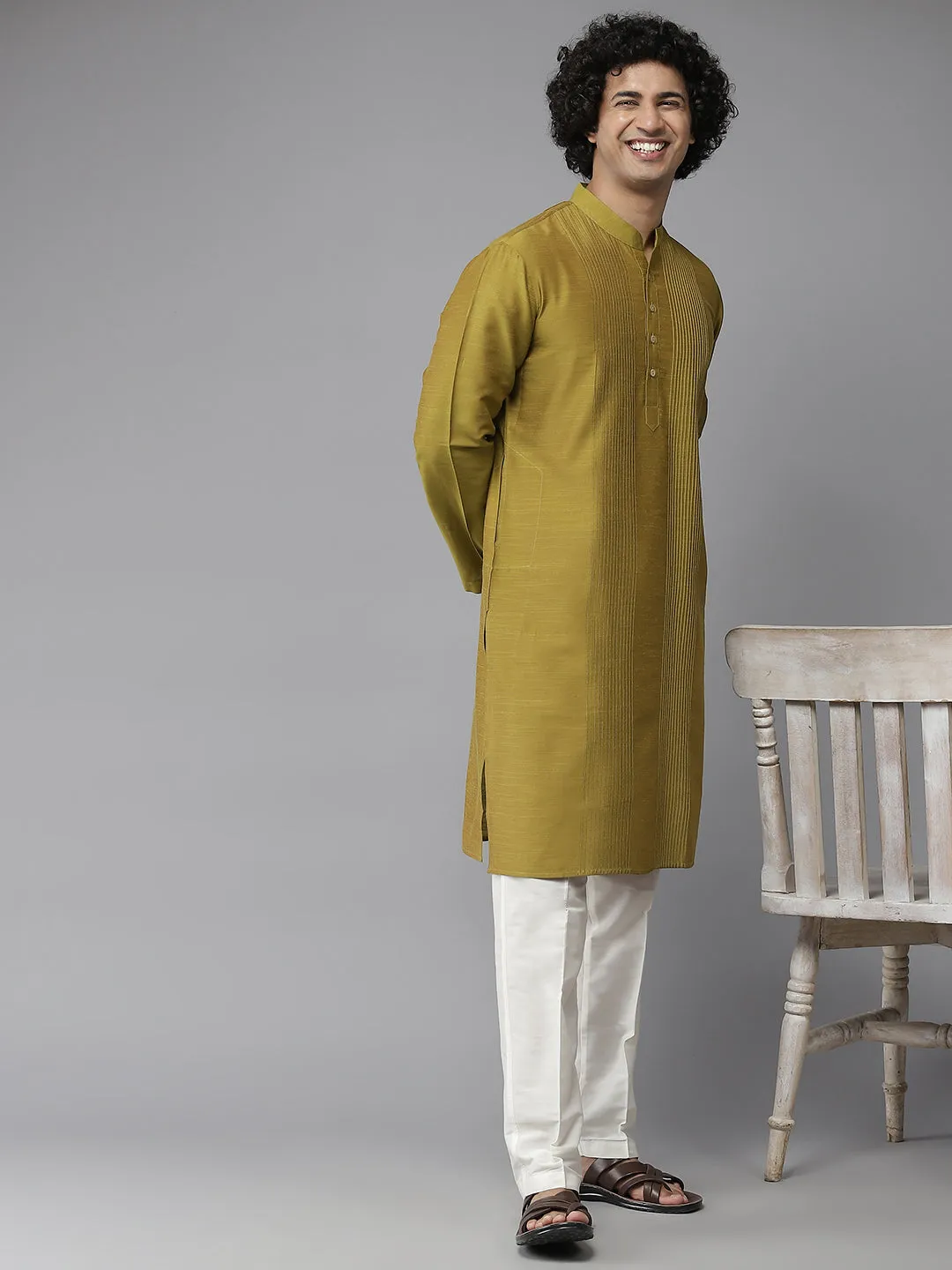 Men Mustard Cotton Slik Straight Kurta