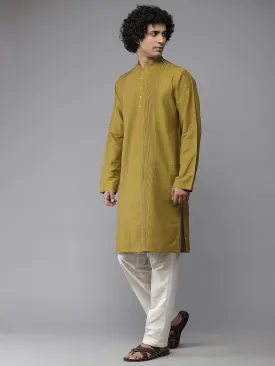 Men Mustard Cotton Slik Straight Kurta