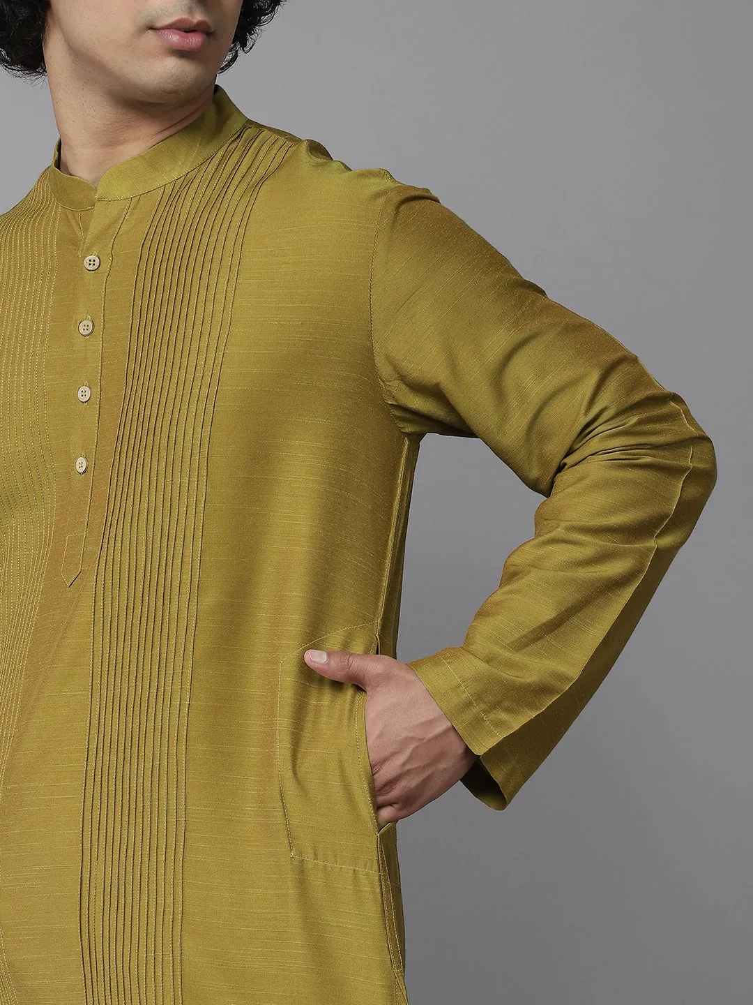 Men Mustard Cotton Slik Straight Kurta