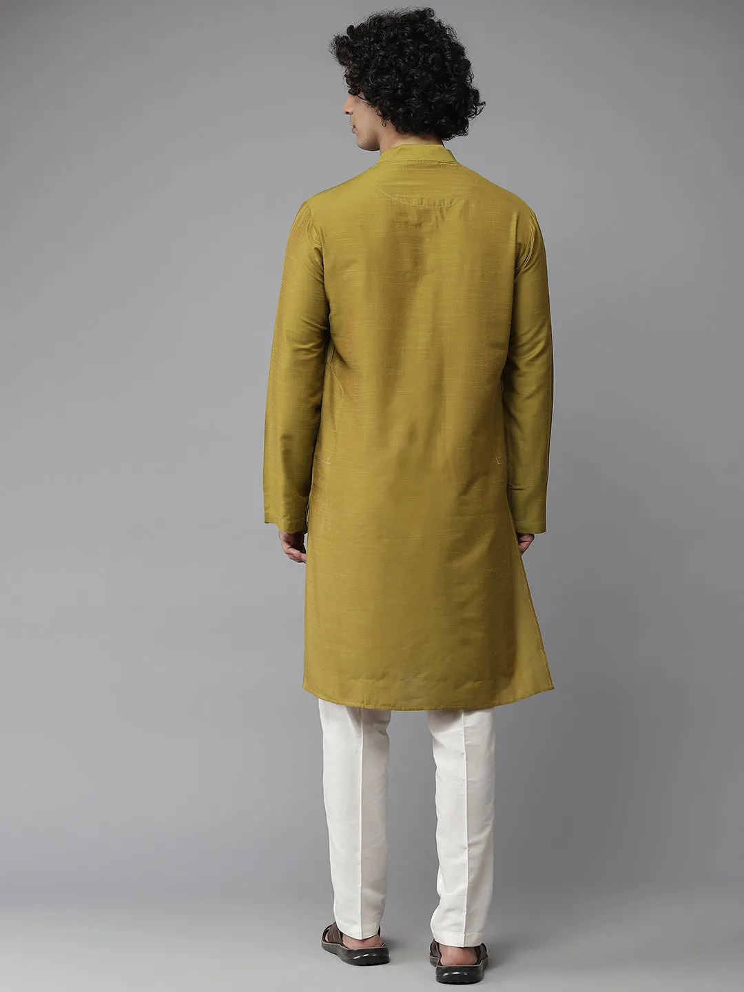 Men Mustard Cotton Slik Straight Kurta