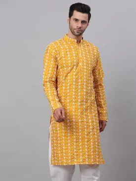 Men Mustard Embroidered Dupion Silk Kurtas