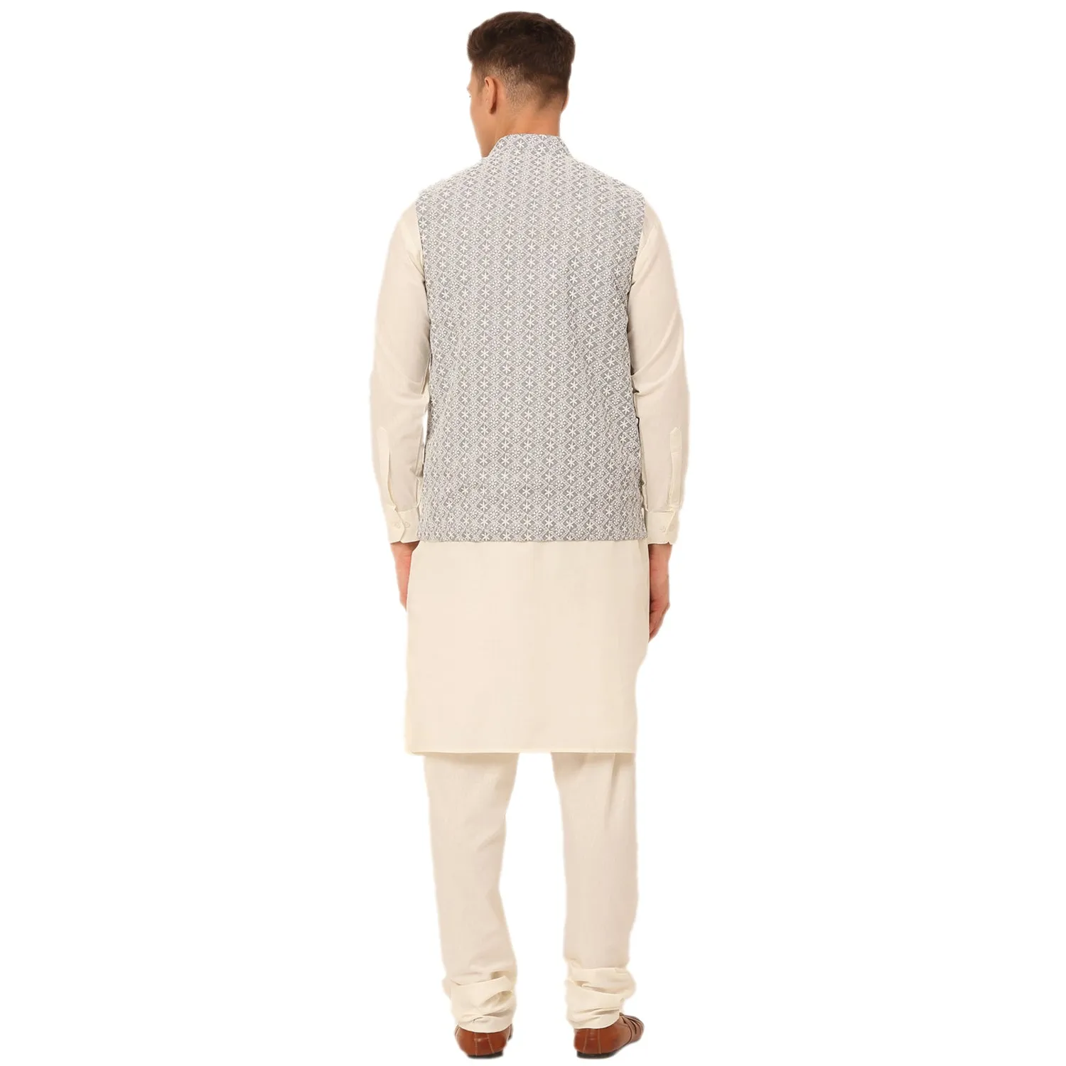 Men White Cotton Blend Kurta With Pyjamas & Embroidered Nehru Jacket