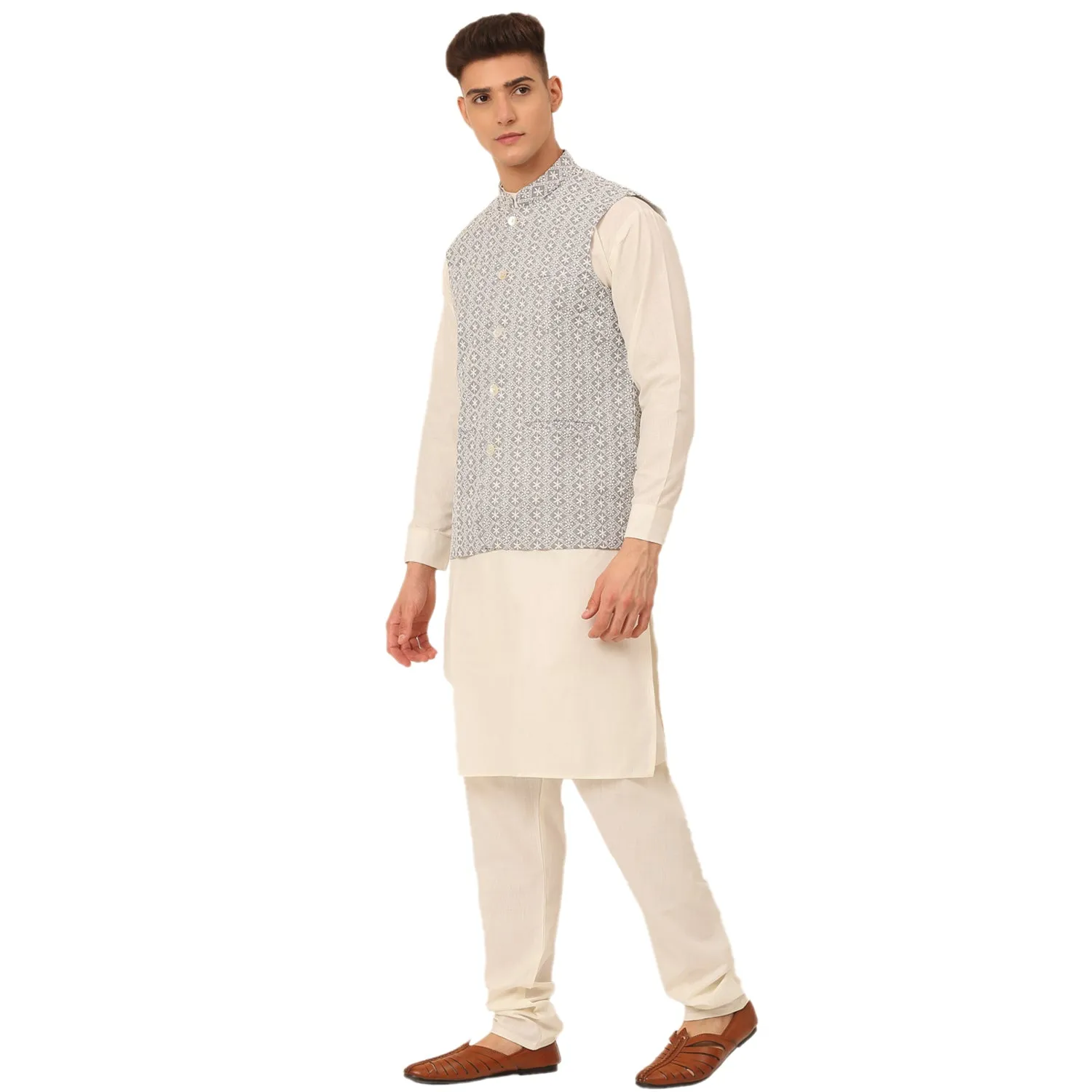 Men White Cotton Blend Kurta With Pyjamas & Embroidered Nehru Jacket