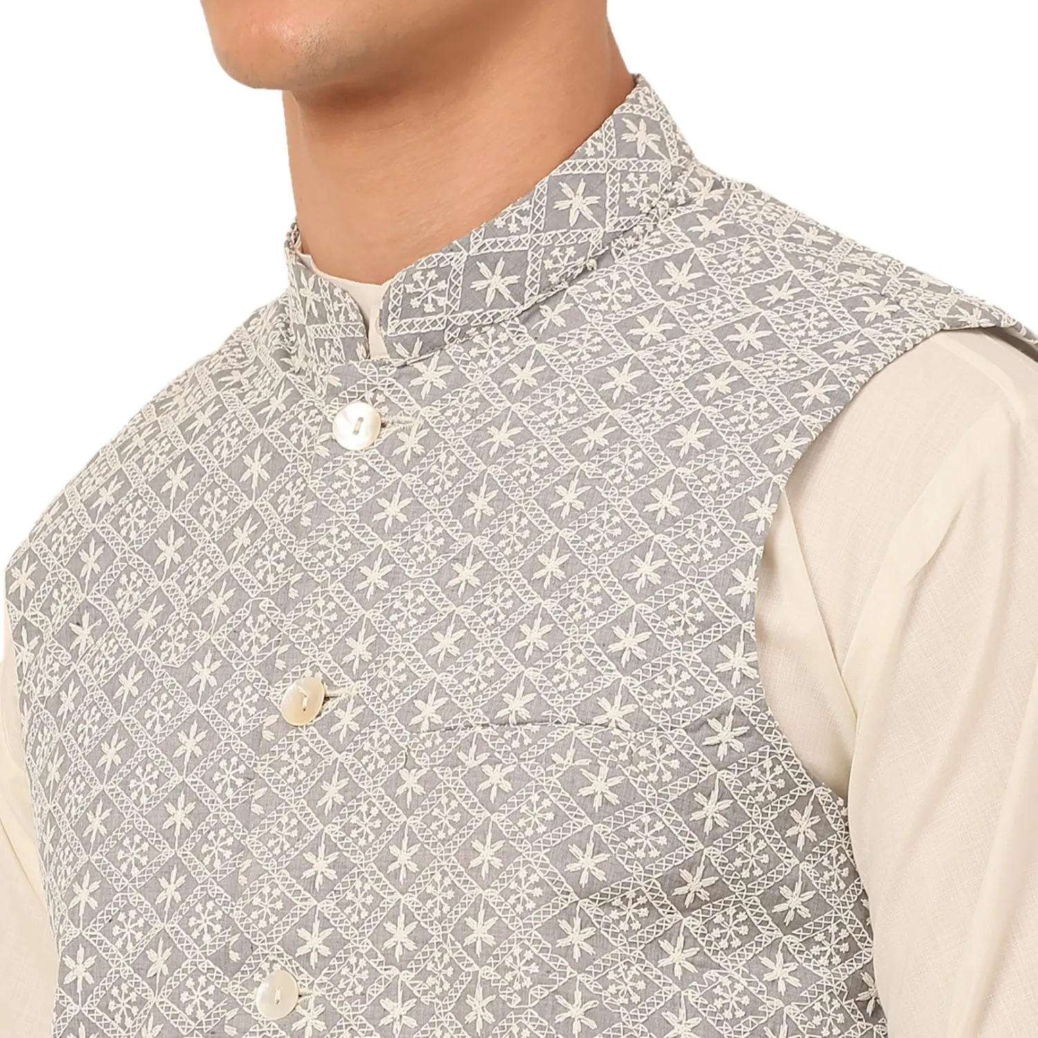 Men White Cotton Blend Kurta With Pyjamas & Embroidered Nehru Jacket