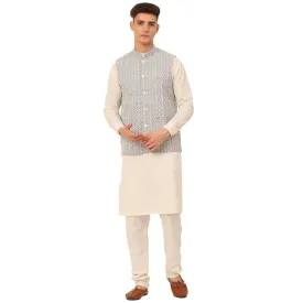 Men White Cotton Blend Kurta With Pyjamas & Embroidered Nehru Jacket