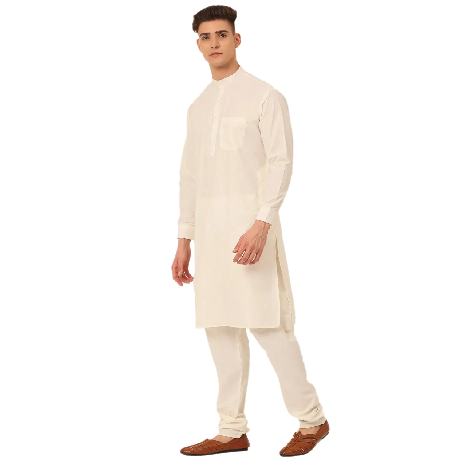 Men White Cotton Blend Kurta With Pyjamas & Embroidered Nehru Jacket