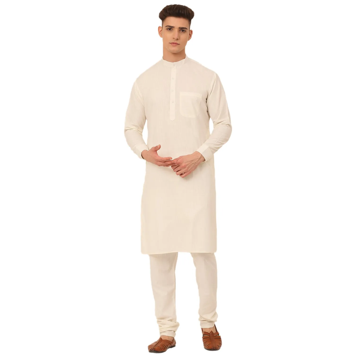 Men White Cotton Blend Kurta With Pyjamas & Embroidered Nehru Jacket