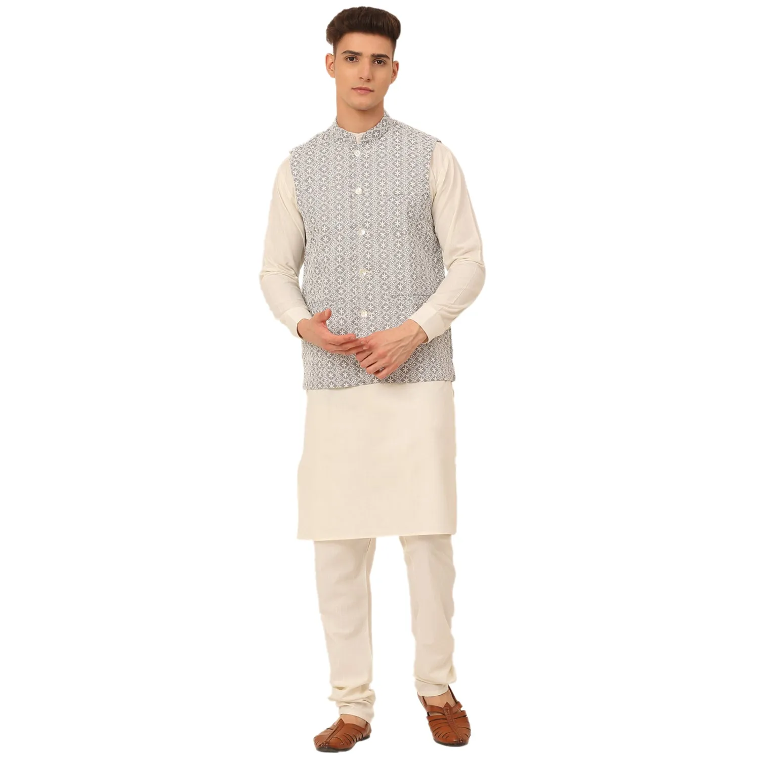 Men White Cotton Blend Kurta With Pyjamas & Embroidered Nehru Jacket