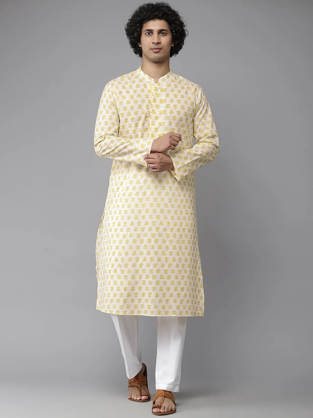 Men Yellow & White Floral Printed  Kurta