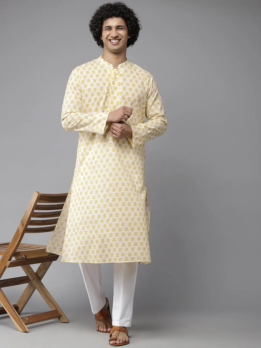 Men Yellow & White Floral Printed  Kurta