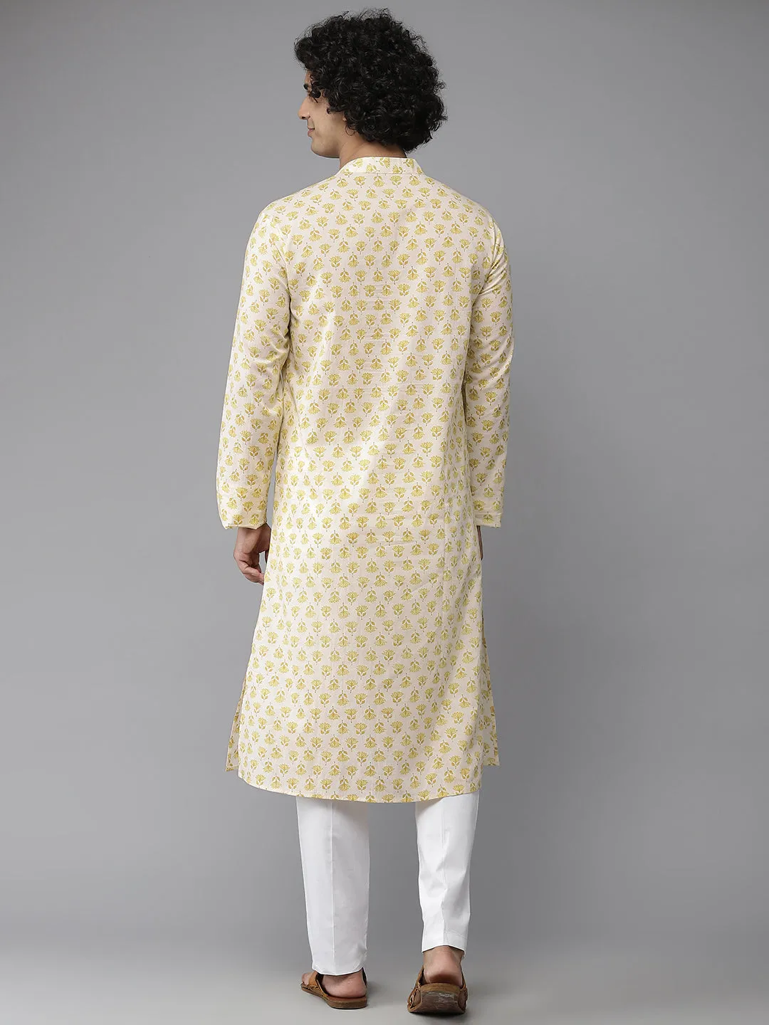 Men Yellow & White Floral Printed  Kurta