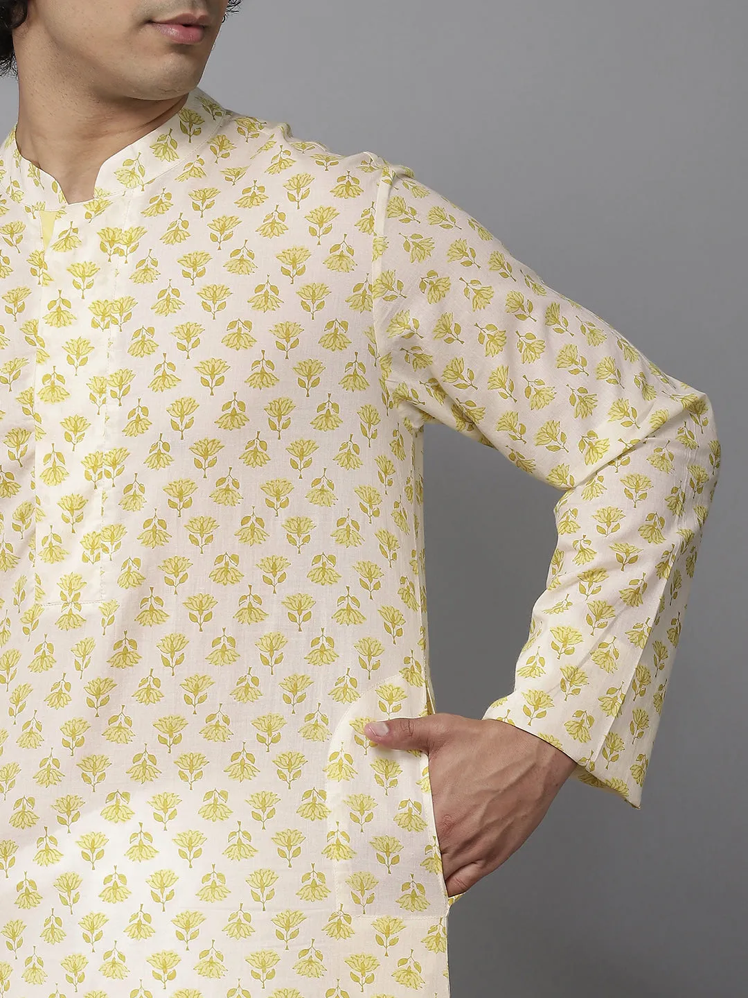 Men Yellow & White Floral Printed  Kurta