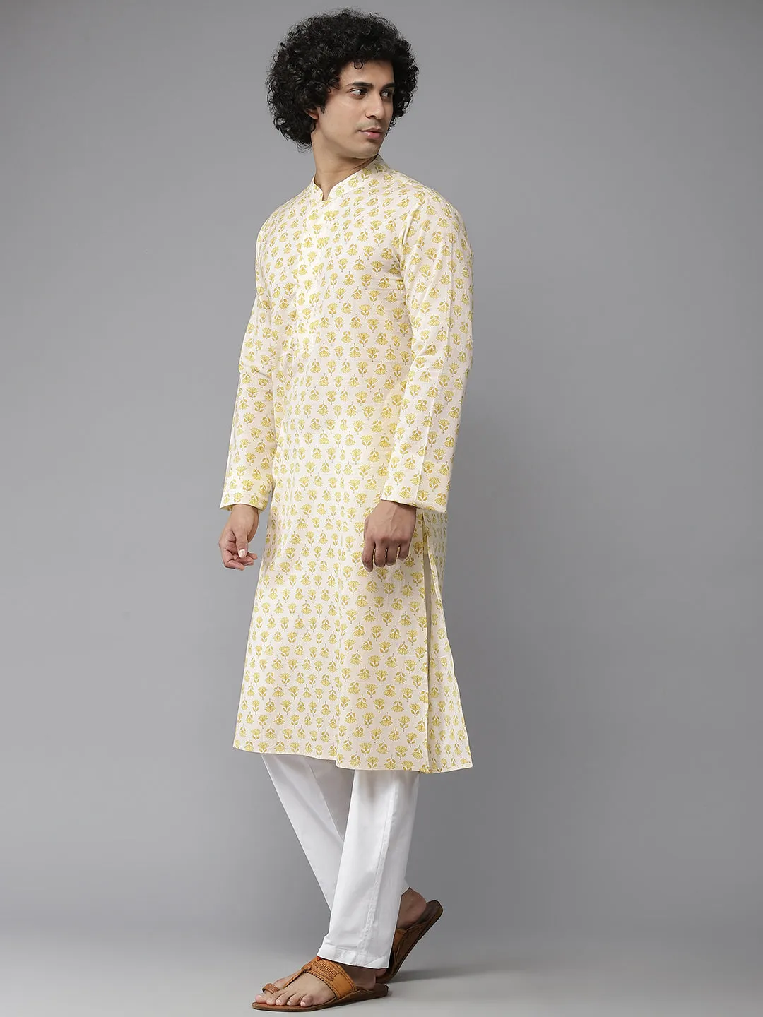 Men Yellow & White Floral Printed  Kurta