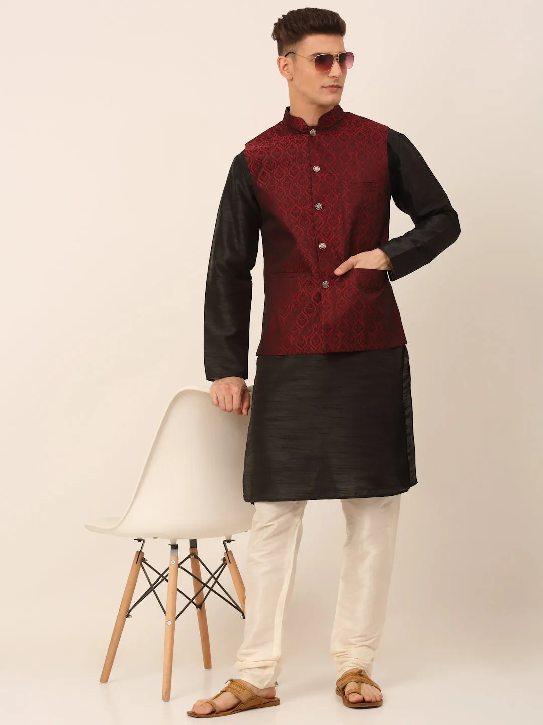 Men'S Woven Design Nehru Jacket And Kurta Pyjama Set