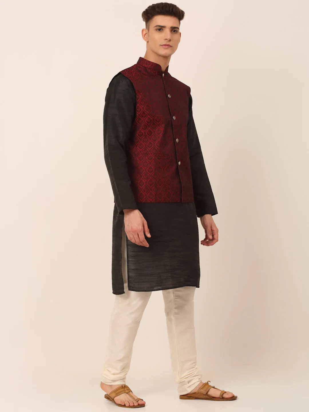 Men'S Woven Design Nehru Jacket And Kurta Pyjama Set