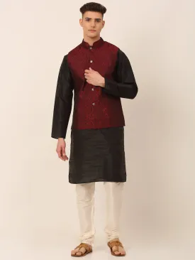 Men'S Woven Design Nehru Jacket And Kurta Pyjama Set