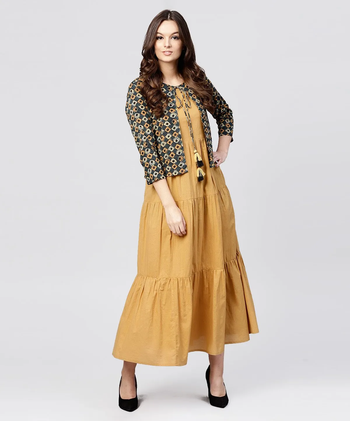 Mustard Cotton Tiered Maxi Dress With Full Sleeves Short Jacket Emblished With Tassel