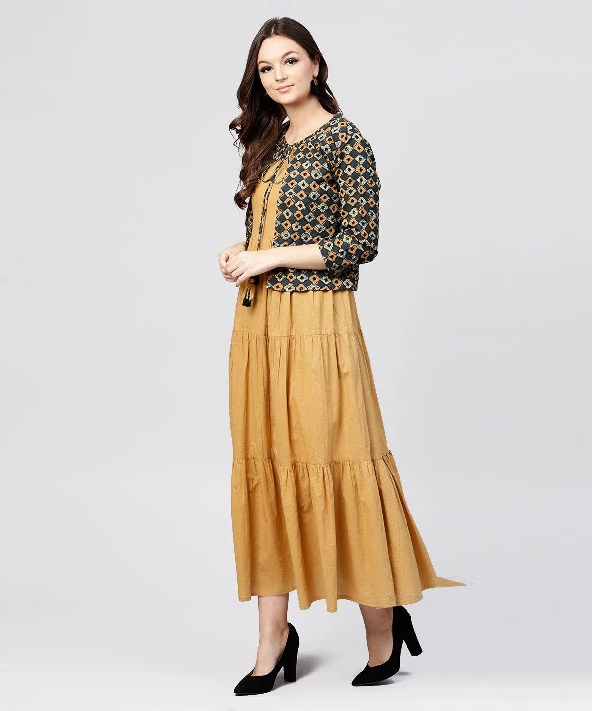 Mustard Cotton Tiered Maxi Dress With Full Sleeves Short Jacket Emblished With Tassel