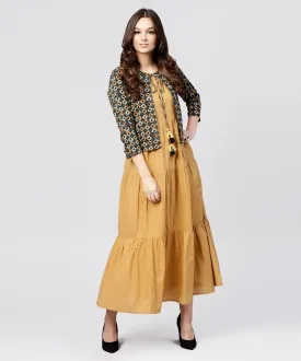 Mustard Cotton Tiered Maxi Dress With Full Sleeves Short Jacket Emblished With Tassel