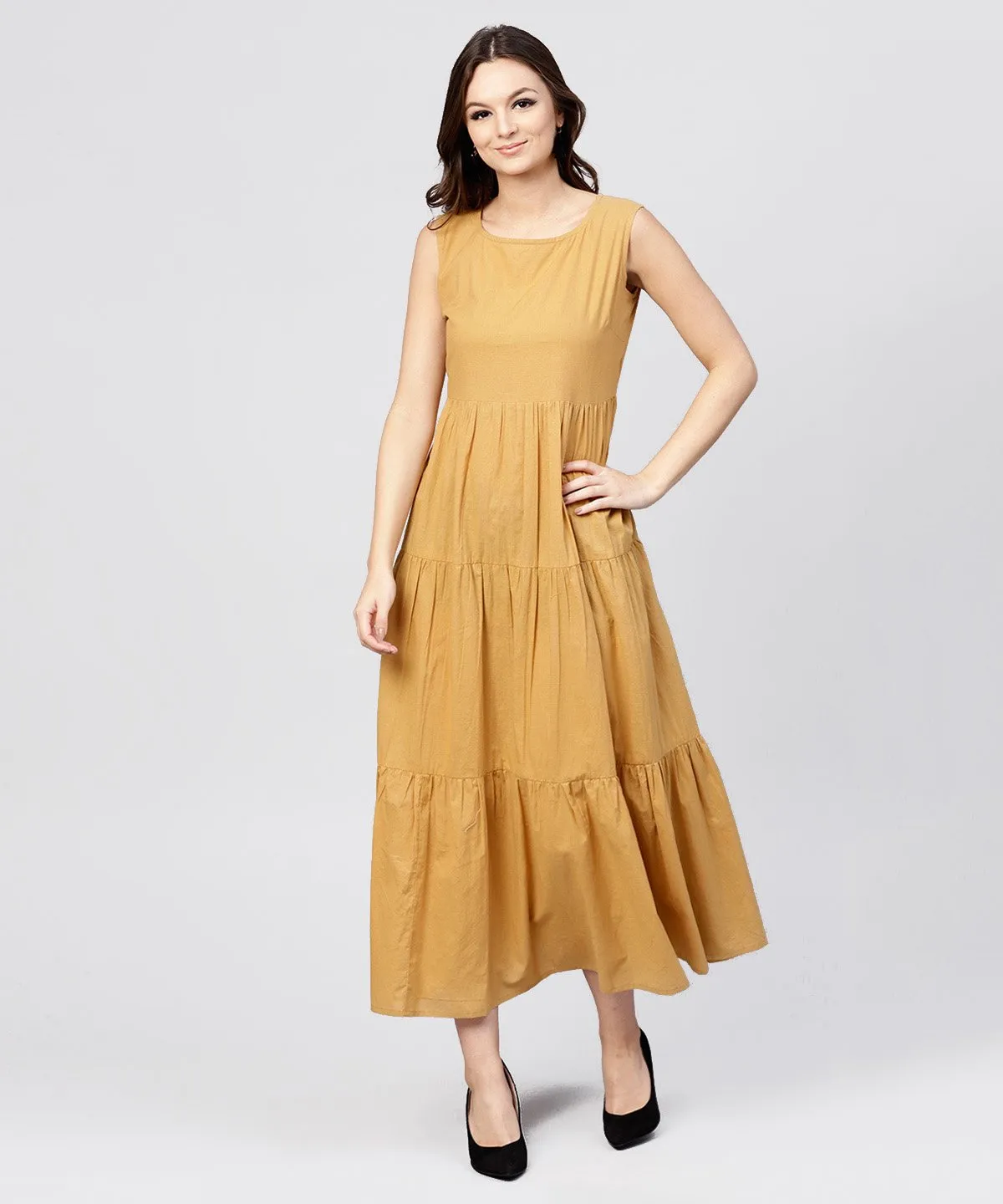 Mustard Cotton Tiered Maxi Dress With Full Sleeves Short Jacket Emblished With Tassel