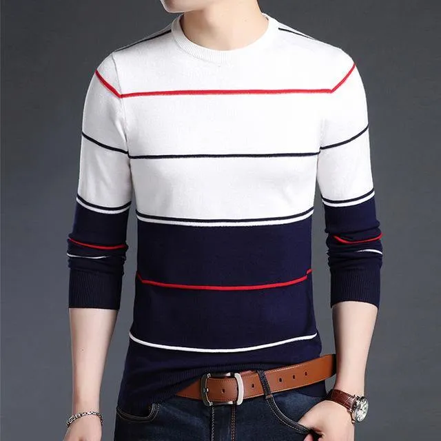 Mwxsd Casual Men's winter O-Neck Striped pullover Sweaters Slim Fit Knitting Mens cotton Sweaters High Quality male Pullovers