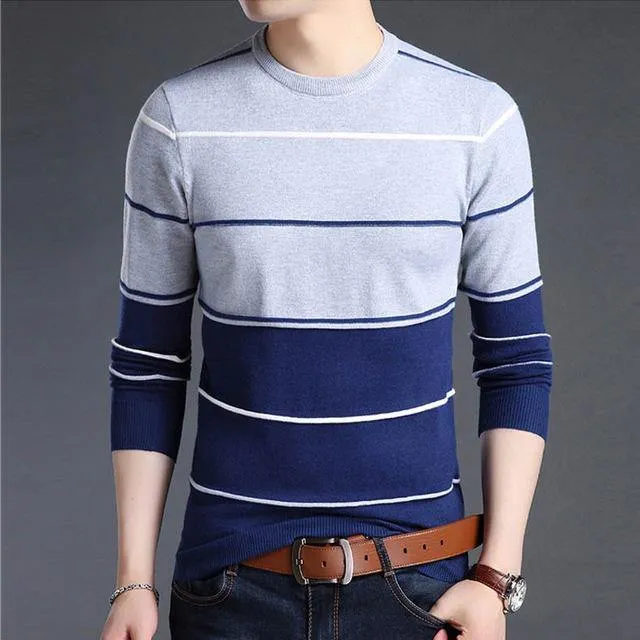 Mwxsd Casual Men's winter O-Neck Striped pullover Sweaters Slim Fit Knitting Mens cotton Sweaters High Quality male Pullovers