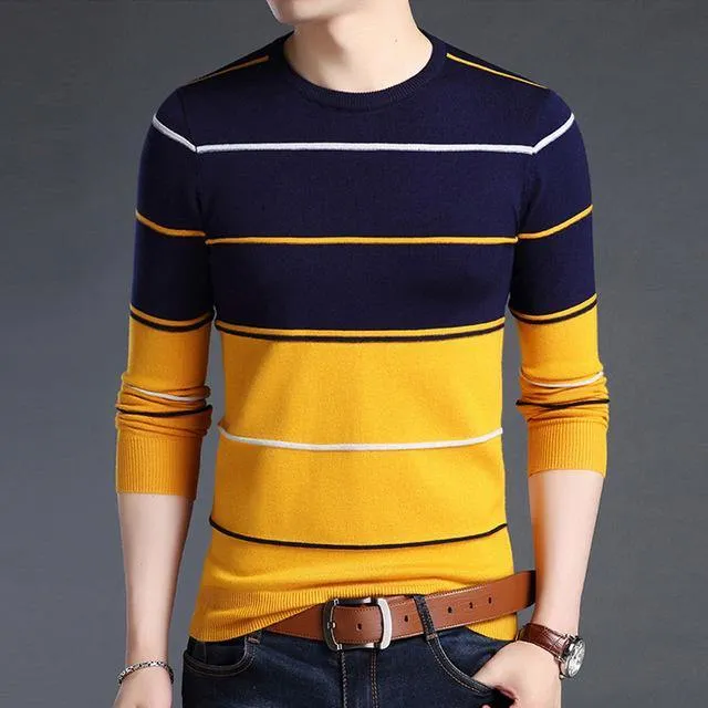 Mwxsd Casual Men's winter O-Neck Striped pullover Sweaters Slim Fit Knitting Mens cotton Sweaters High Quality male Pullovers