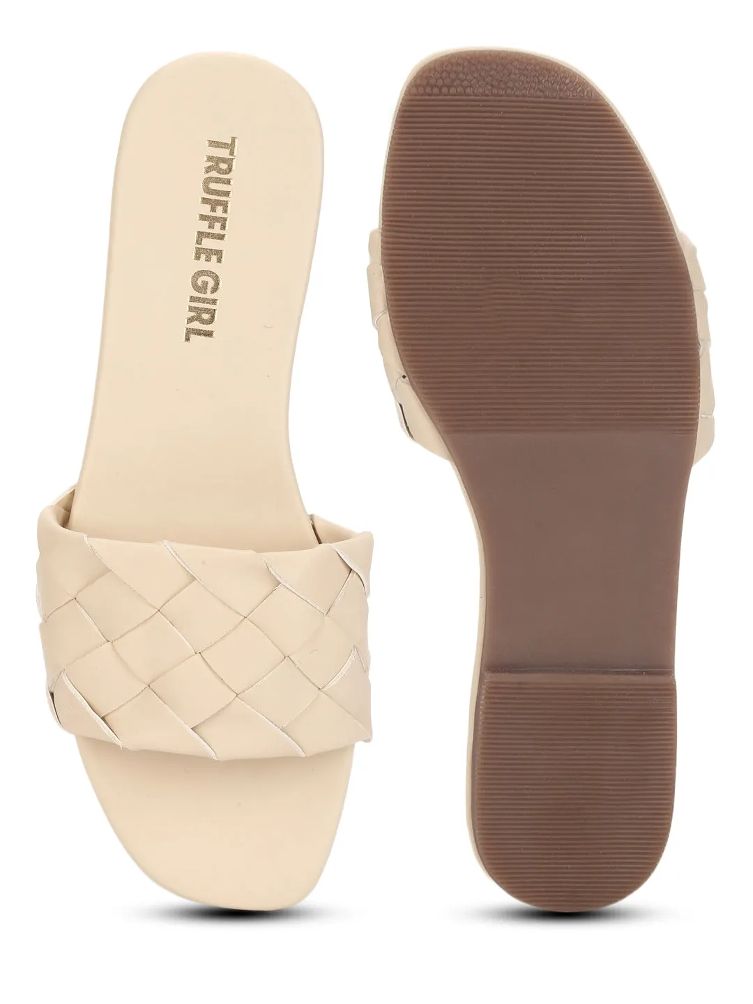 Nude PU Woven Slide On Flat Sandals