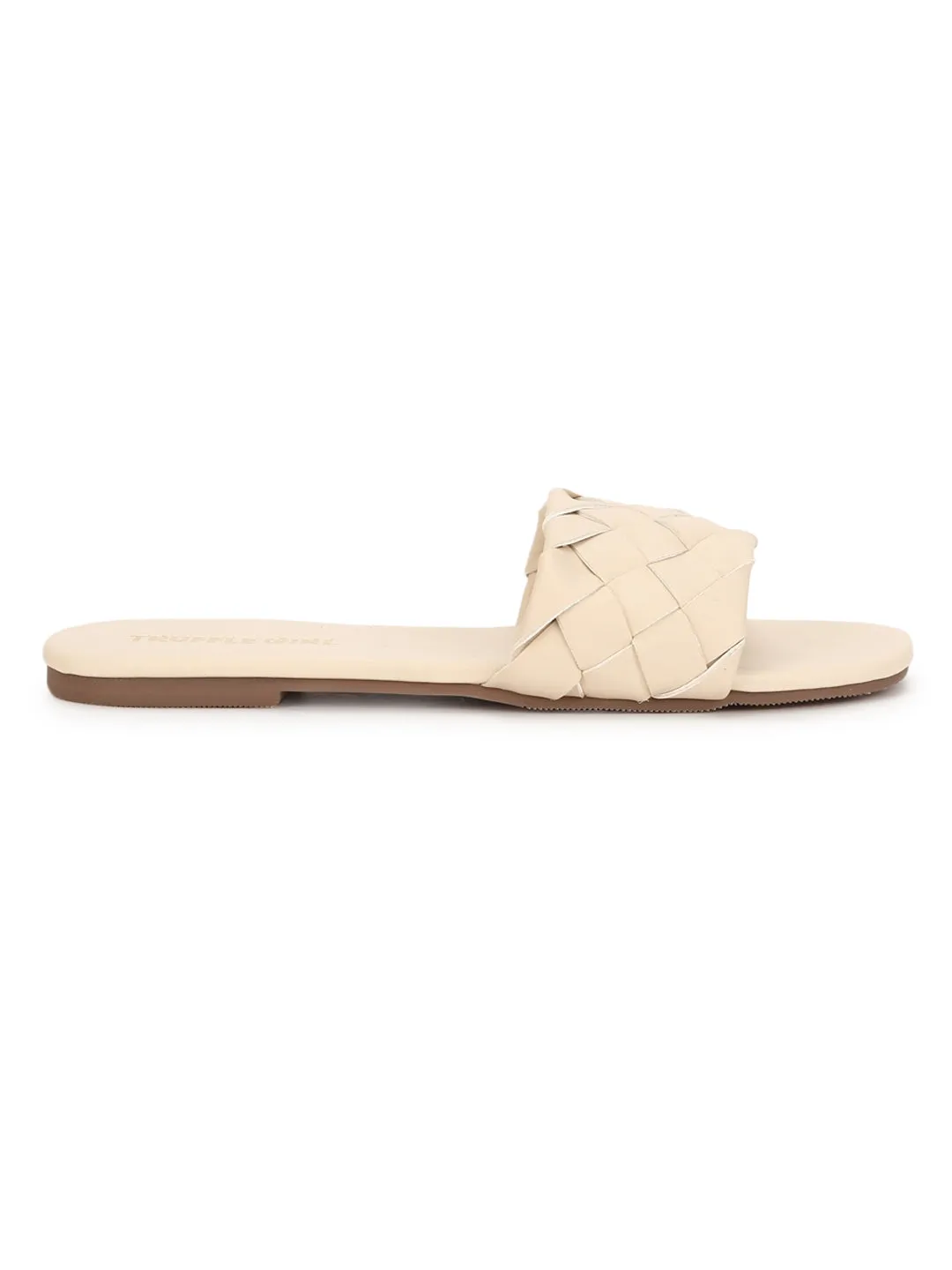 Nude PU Woven Slide On Flat Sandals