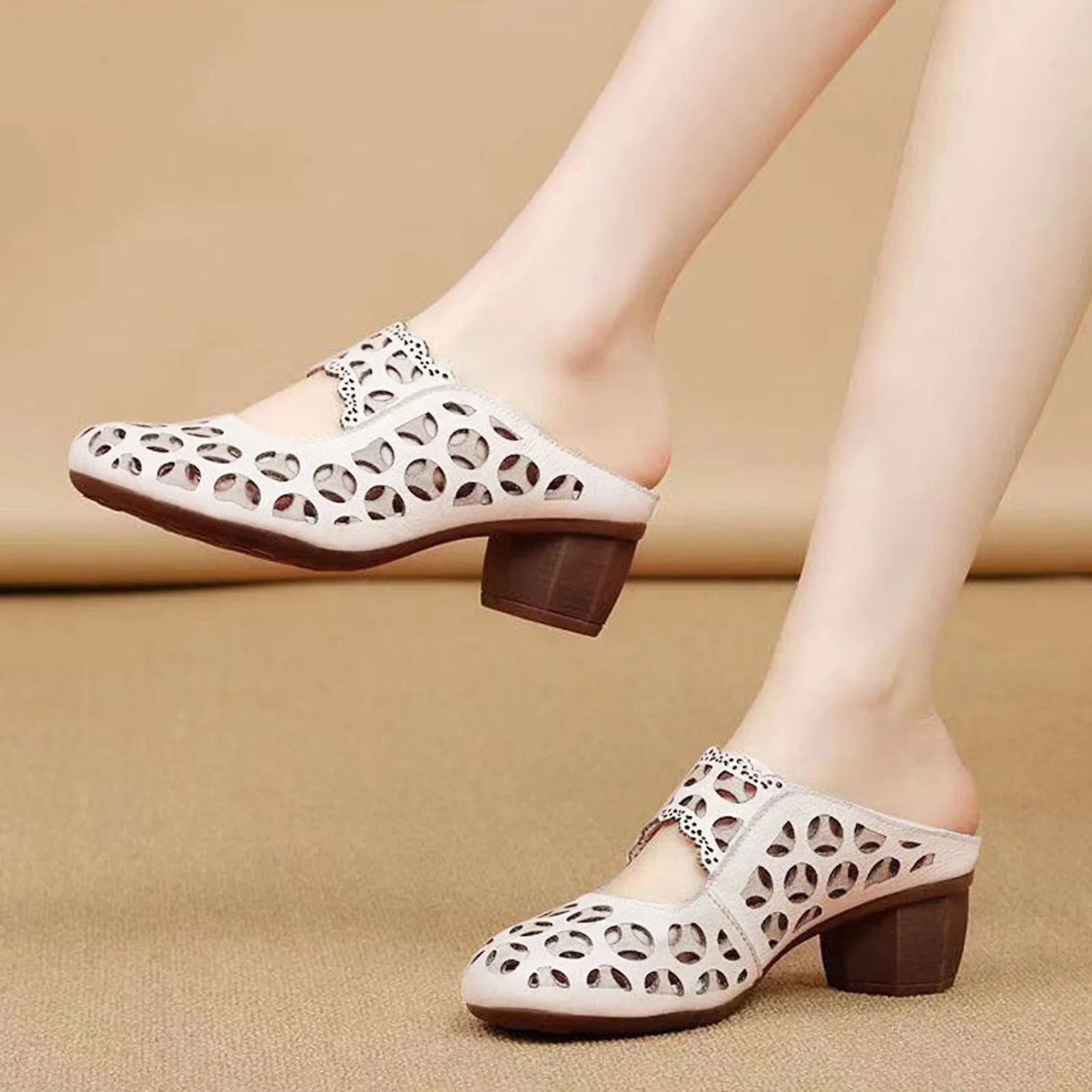 OCW Summer Women PU Leather Clogs Round Head Retro Hollow Breathable Shoes