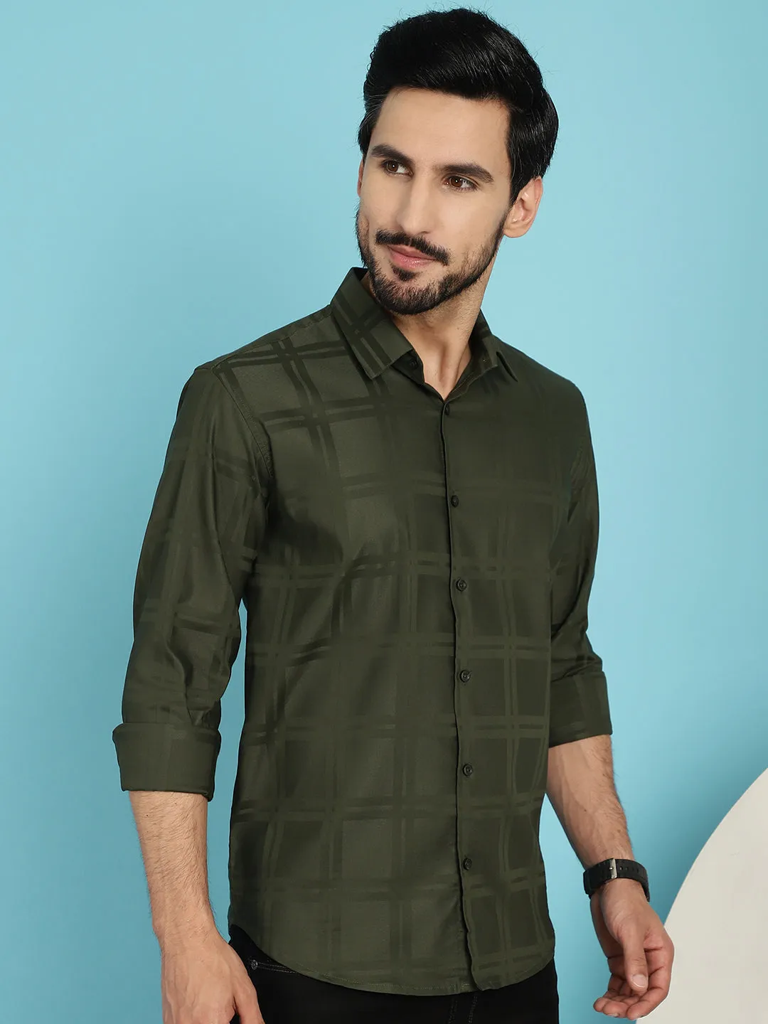 Olive Green Checked Casual Shirt