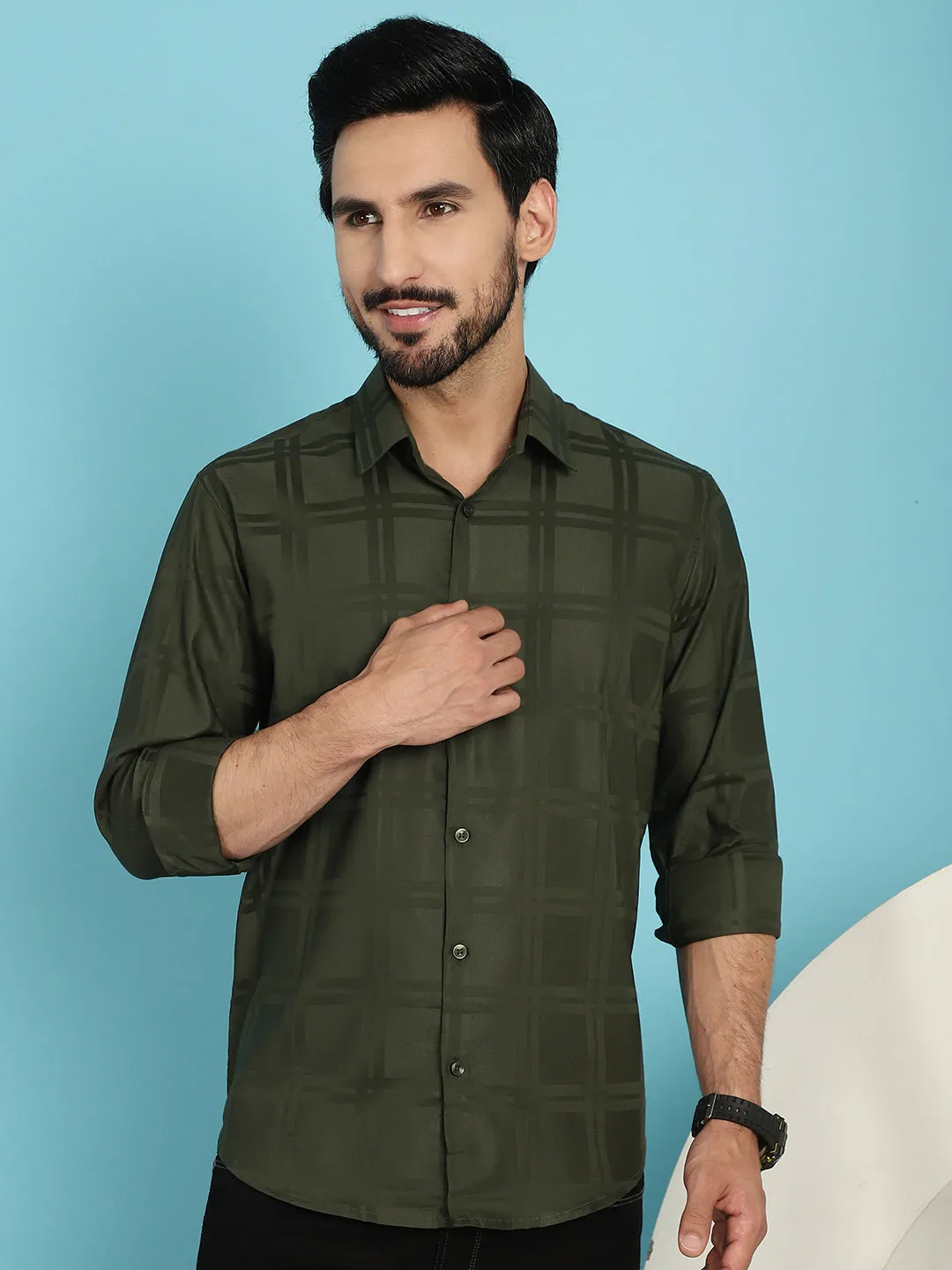 Olive Green Checked Casual Shirt