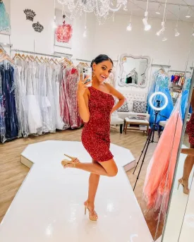 One Shoulder Red Sequins Cocktail Dresses for Women